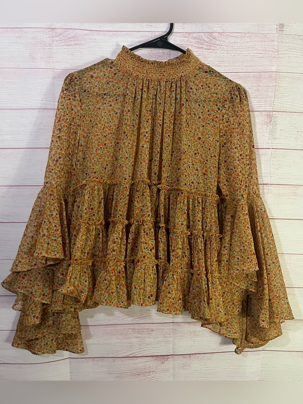 ByTiMo Floral Ruffle Tiered Smocked Neck Sheer Blouse Small